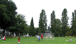 Children playing soccer on a grassy field in a park