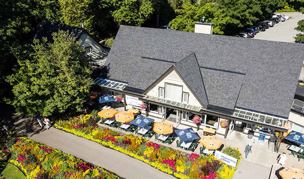 An aerial view of a golf clubhouse