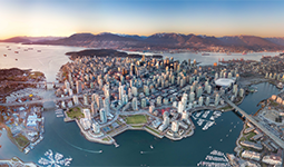 Aerial view of downtown Vancouver at sunset