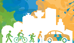 Illustration of pedestrians, cyclists, children, and seniors with Vancouver skyline behind